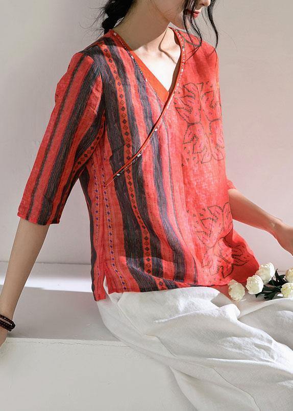 Chic v neck half sleeve linen Blouse Shirts red print top - SooLinen