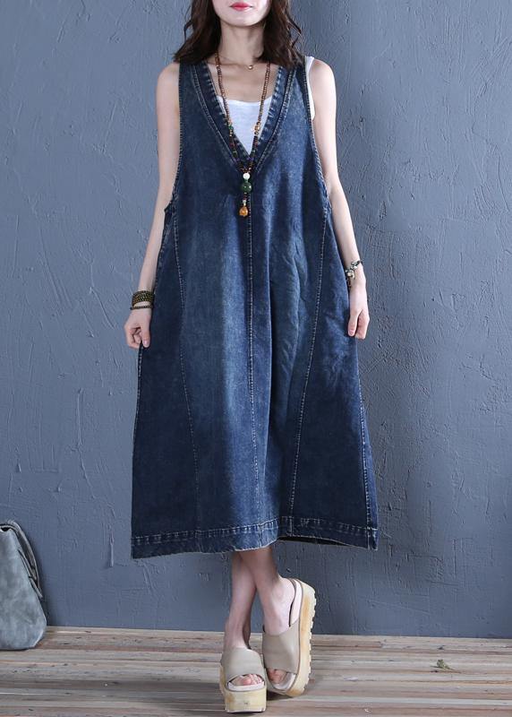 Chic v neck sleeveless cotton Fashion Ideas denim blue cotton robes Dresses - SooLinen