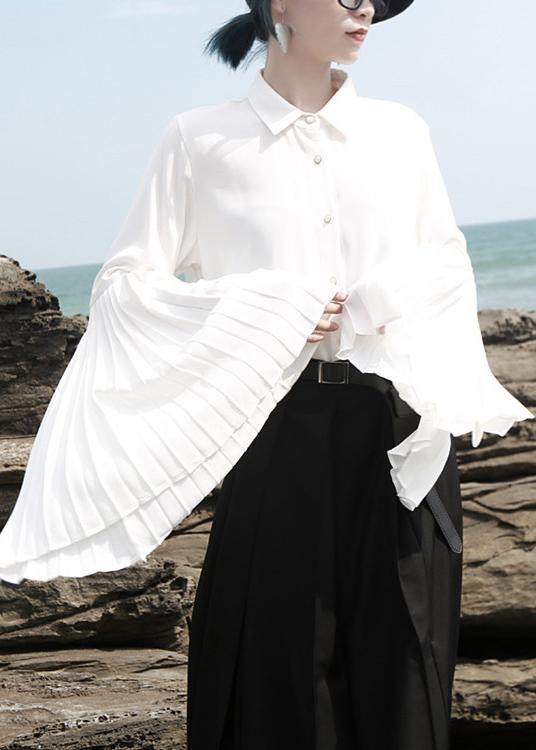 Chic white chiffon clothes For Women pleated sleeve loose lapel collar blouse - SooLinen