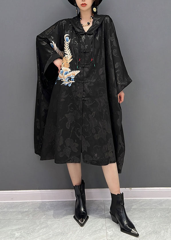 Trench-coat de coton Jacquard à capuche noire de style chinois