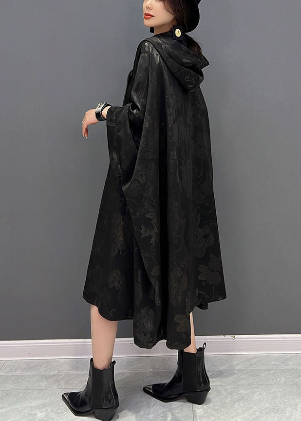 Trench-coat de coton Jacquard à capuche noire de style chinois