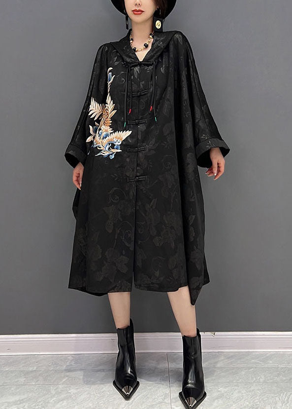 Trench-coat de coton Jacquard à capuche noire de style chinois