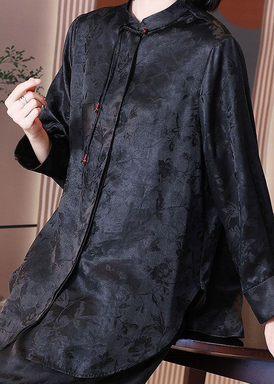 Style chinois en glace noire jacquard patchwork Blouses à manches longues