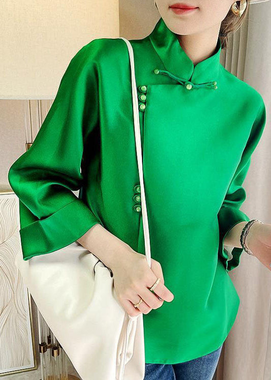 Style de style chinois Green Stand Collar Silk Top à manches longues