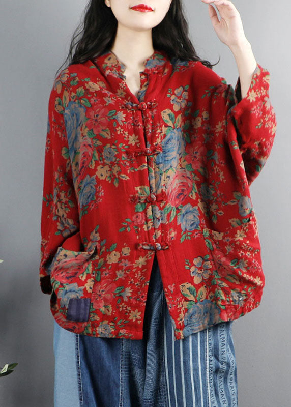 Poches à imprimé rouge de style chinois Patchwork Coton Coats à manches longues