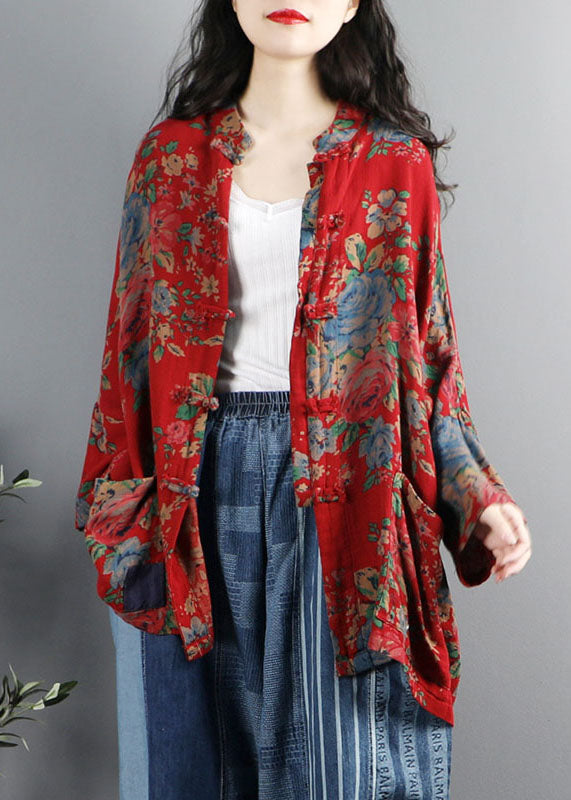 Poches à imprimé rouge de style chinois Patchwork Coton Coats à manches longues