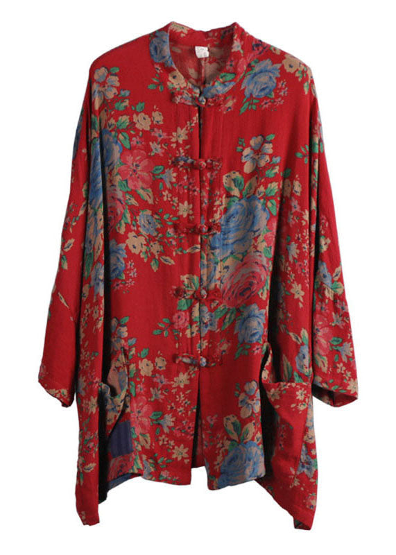 Poches à imprimé rouge de style chinois Patchwork Coton Coats à manches longues