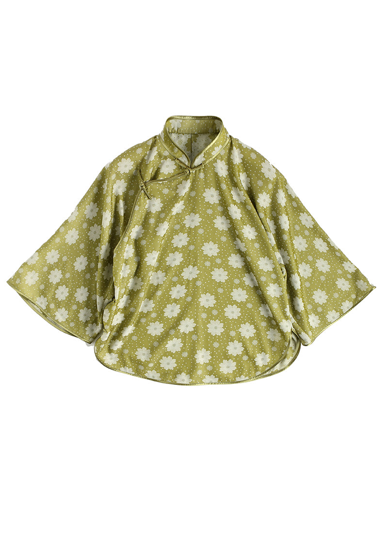 Style chinois jaune vert jacquard stand collier en soie supérieure trois quarts de manche