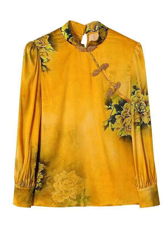 Chinese Style Yellow Stand Collar Print Draping Fine Silk Shirt Tops Long Sleeve