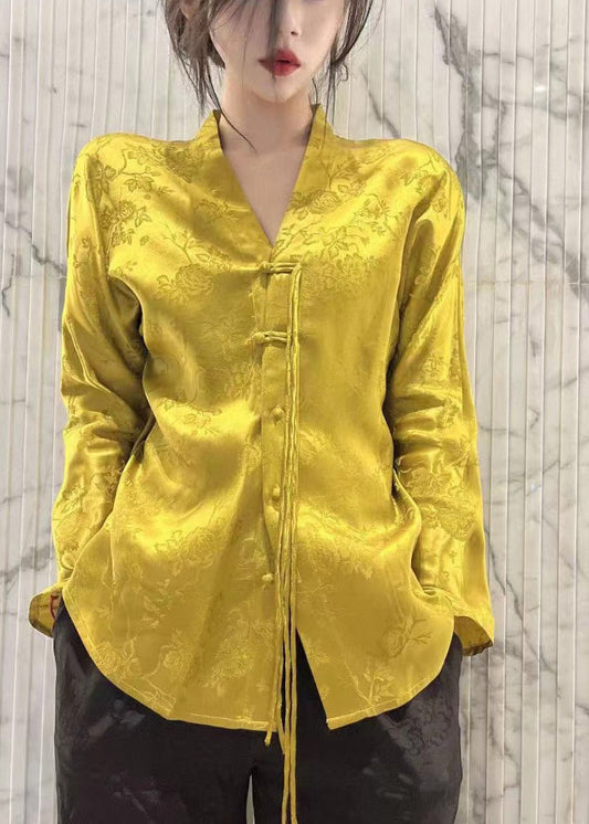 Style chinois jaune V couche Jacquard Silk Tops Longue manche