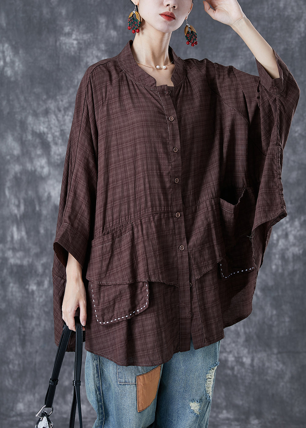 Chocolate Line Line Shirt Stand Collar Pockets Batwing Sleeve