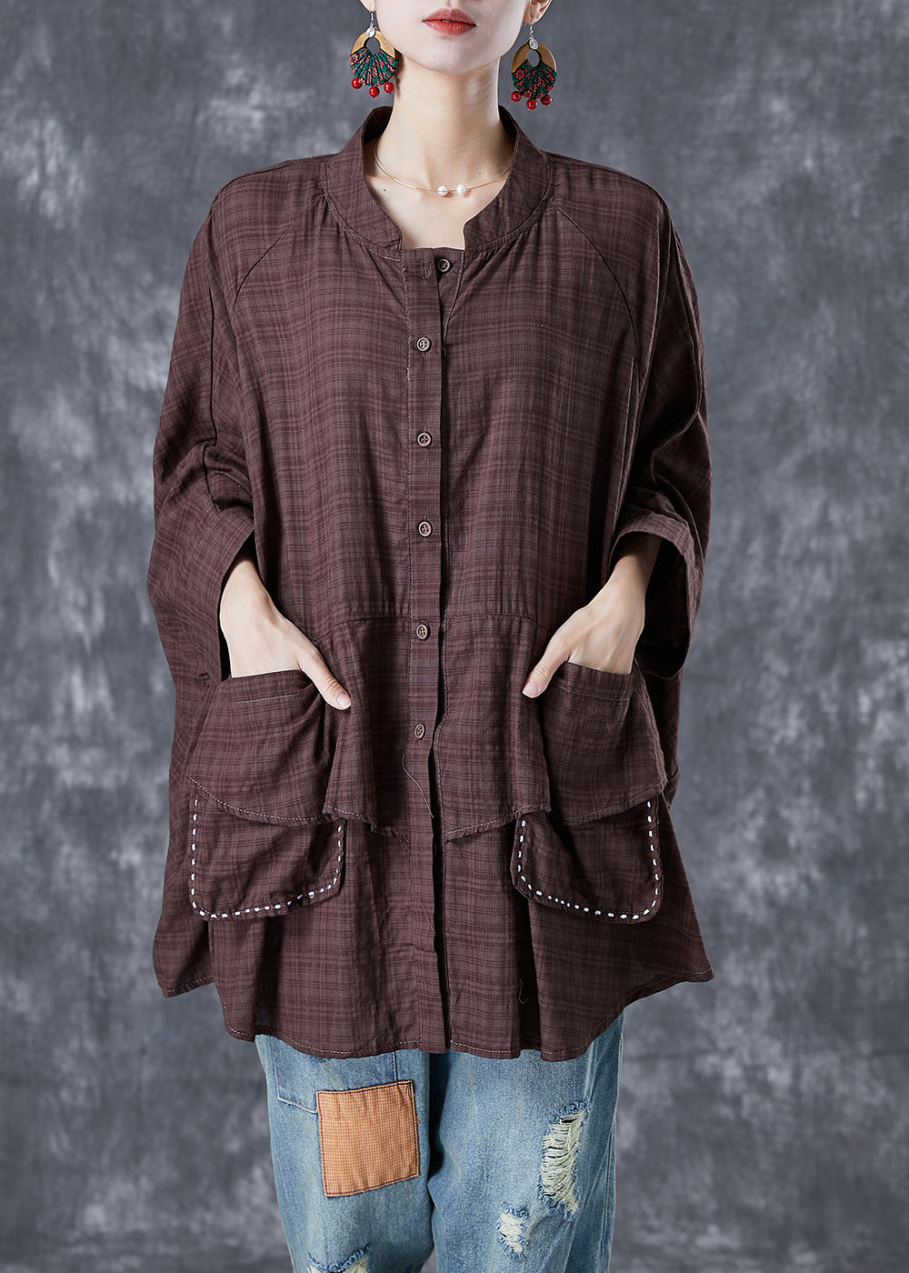 Chocolate Line Line Shirt Stand Collar Pockets Batwing Sleeve