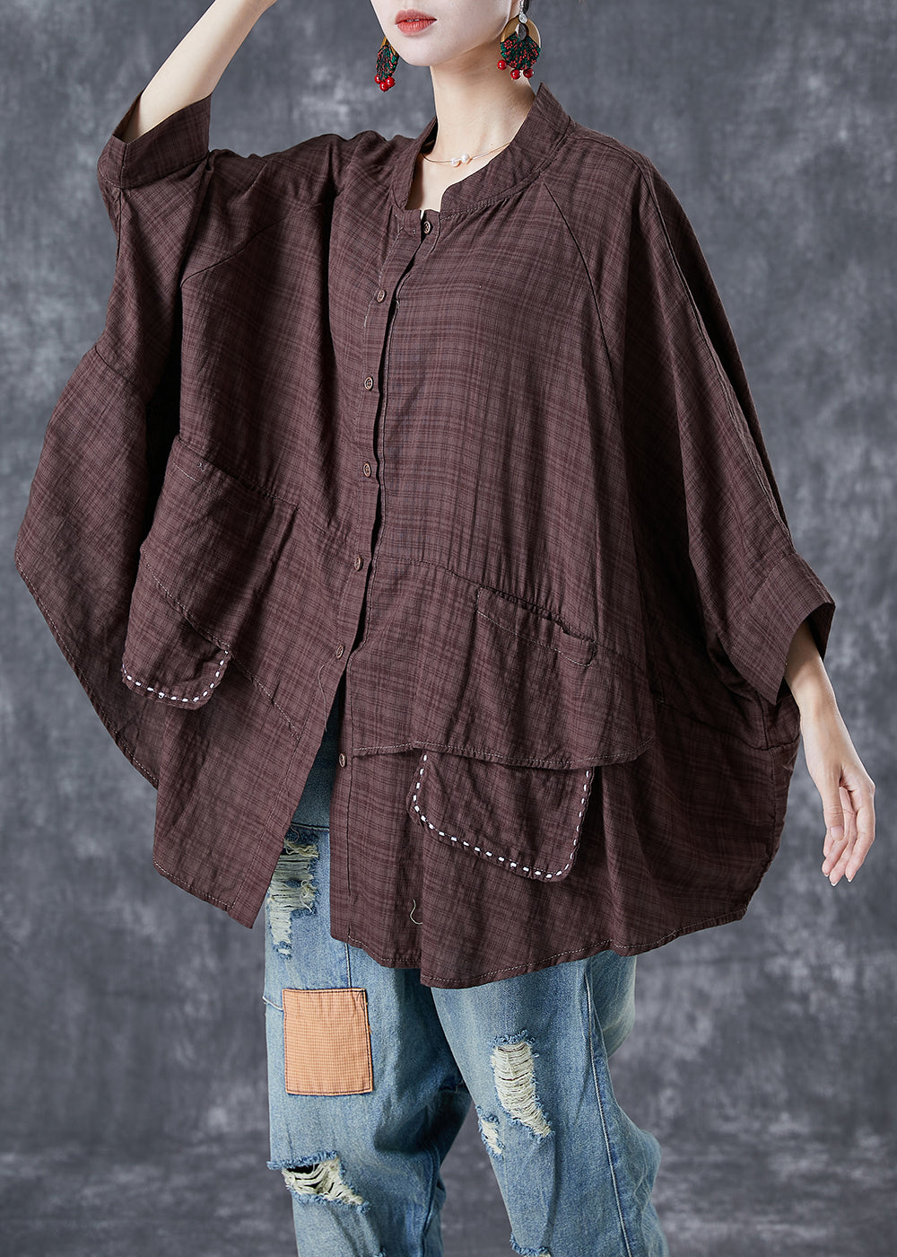 Chocolate Line Line Shirt Stand Collar Pockets Batwing Sleeve