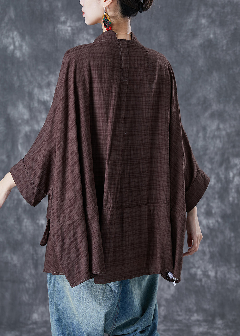 Chocolate Line Line Shirt Stand Collar Pockets Batwing Sleeve