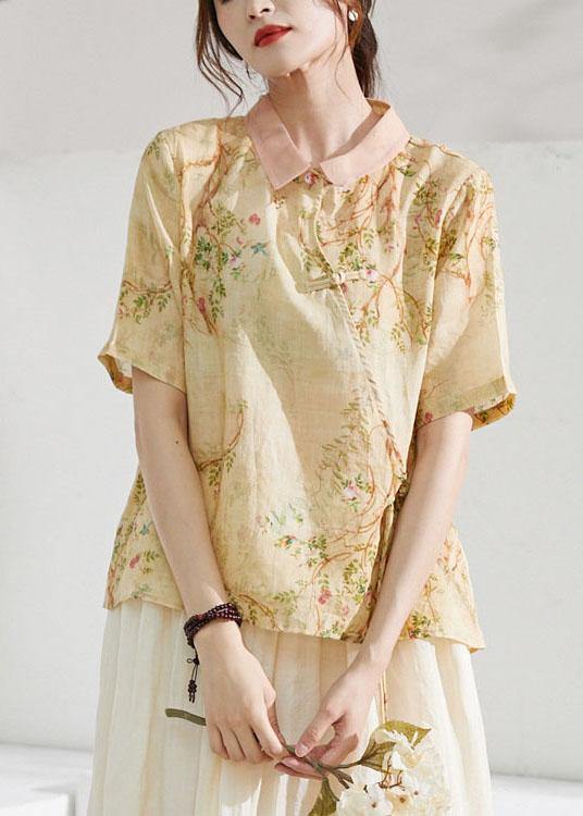 Classy Apricot Patchwork Print Button Summer Ramie Blouse Half Sleeve - SooLinen