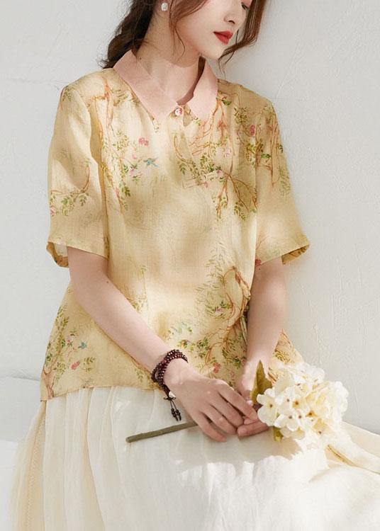 Classy Apricot Patchwork Print Button Summer Ramie Blouse Half Sleeve - SooLinen