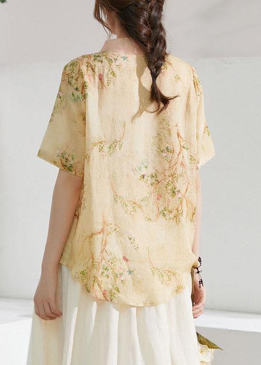 Classy Apricot Patchwork Print Button Summer Ramie Blouse Half Sleeve - SooLinen