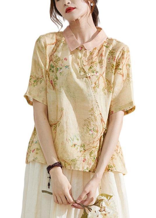 Classy Apricot Patchwork Print Button Summer Ramie Blouse Half Sleeve - SooLinen