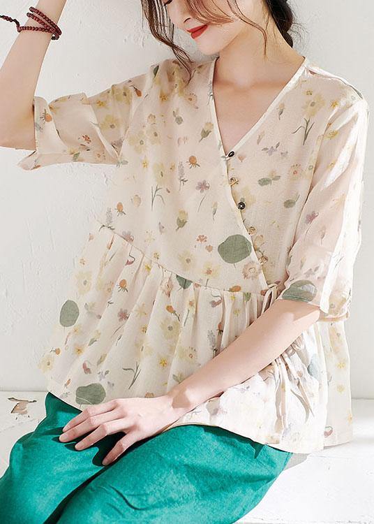 Classy Apricot Print Button Summer Ramie Half Sleeve - SooLinen