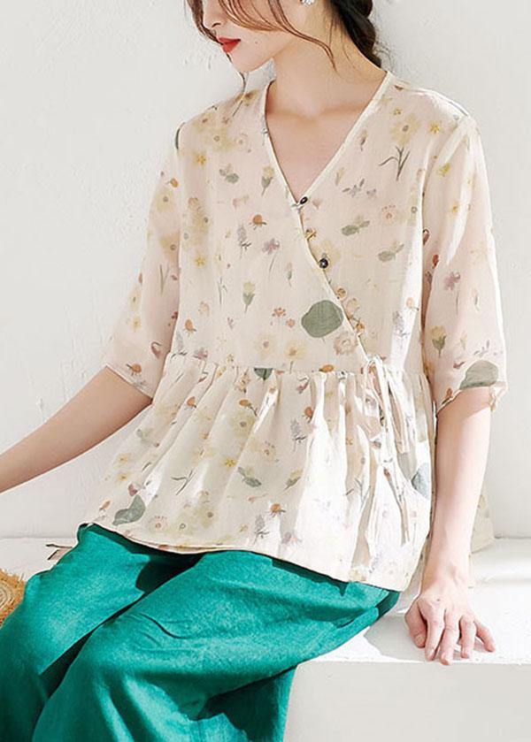 Classy Apricot Print Button Summer Ramie Half Sleeve - SooLinen