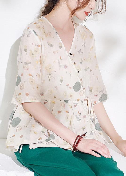 Classy Apricot Print Button Summer Ramie Half Sleeve - SooLinen