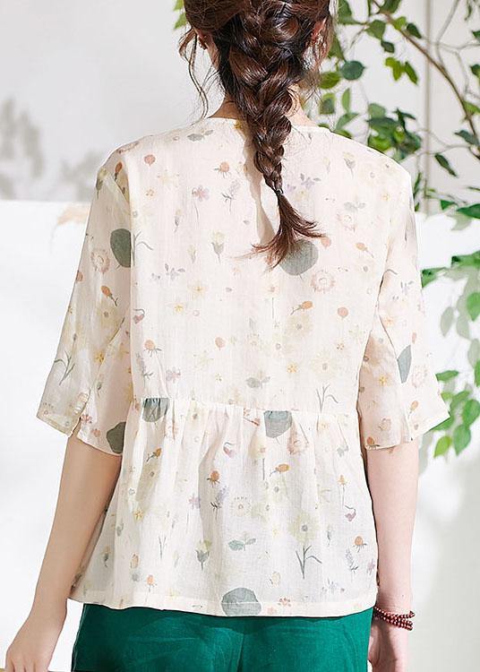 Classy Apricot Print Button Summer Ramie Half Sleeve - SooLinen