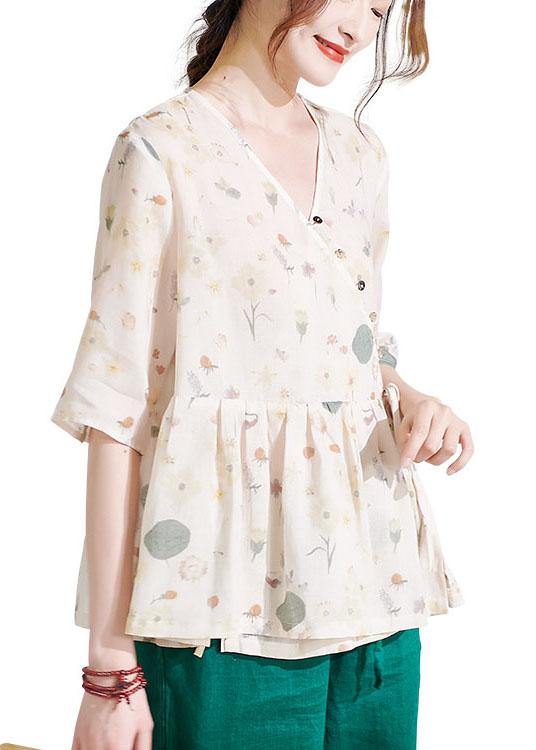 Classy Apricot Print Button Summer Ramie Half Sleeve - SooLinen