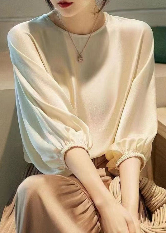 Classy Beige o Neck Patchwork Silk Shirt Top Batwing Sleeve