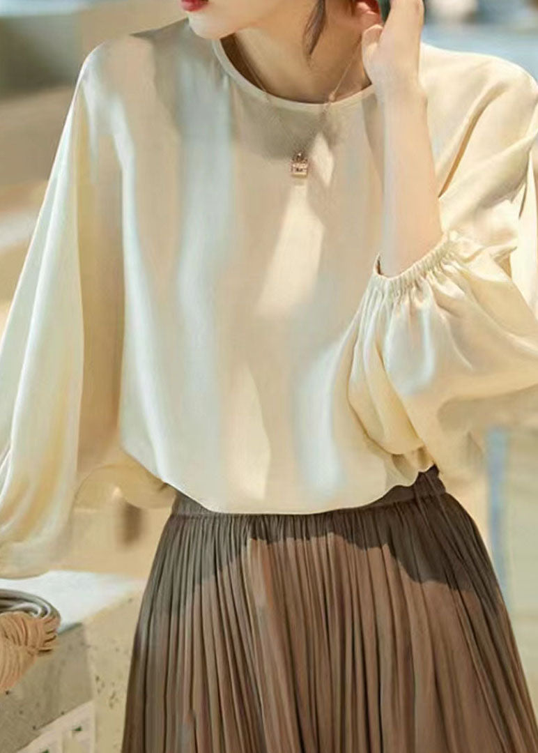 Classy Beige o Neck Patchwork Silk Shirt Top Batwing Sleeve