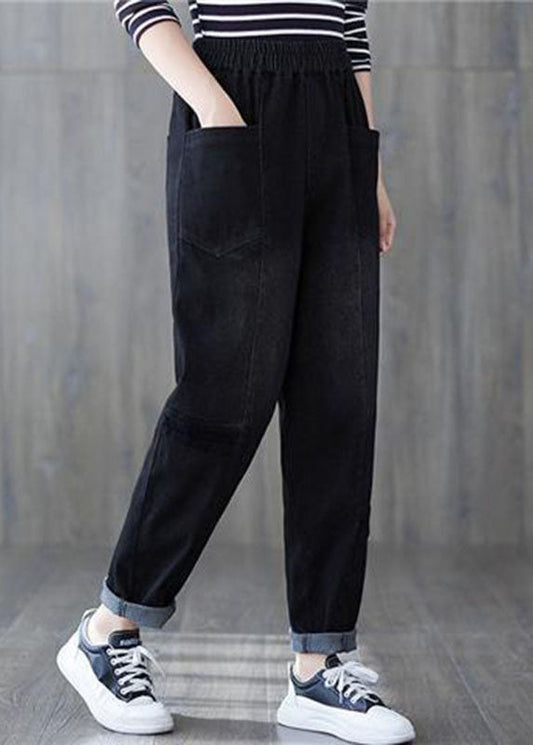 Patchwork élastique noir chic Pantalon de jean en toison chaud