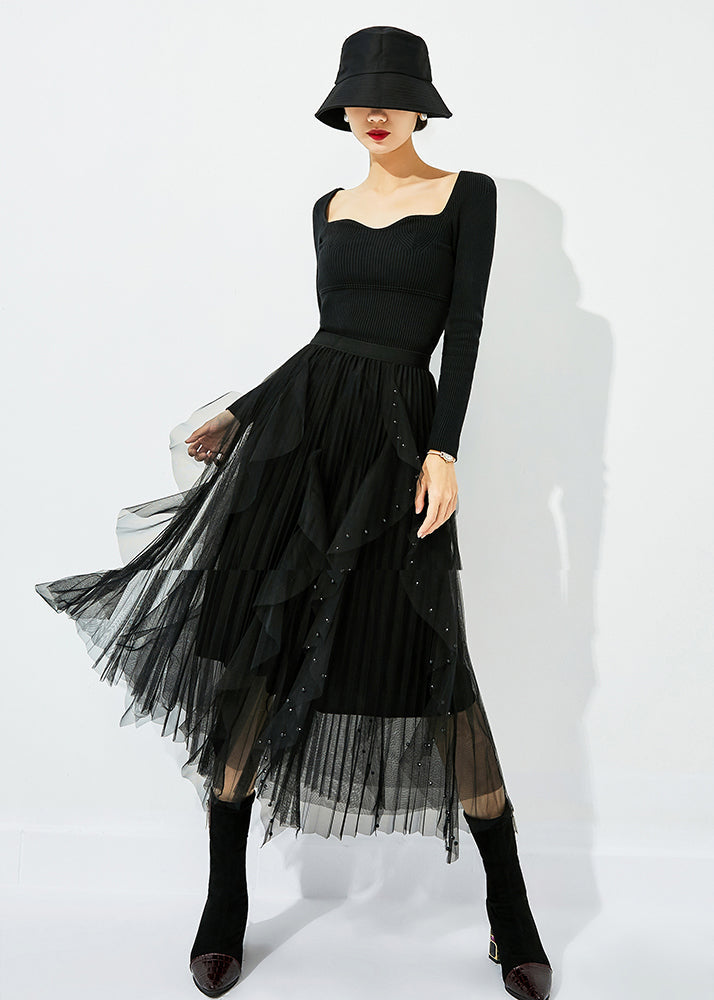 Classy Black Elastic Ruffles Ruffles Nail Bead Tulle Beach Jirts Summer