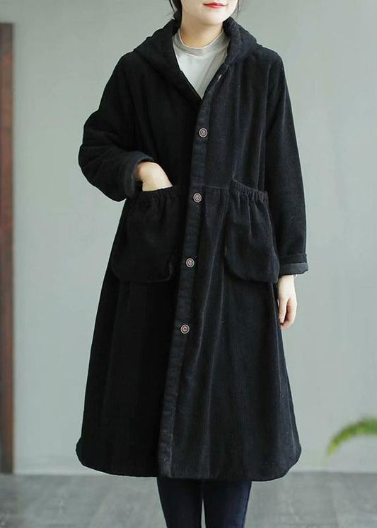 Classy Black Fine Maxi Coat Sewing Hooded Pockets Women Coats - SooLinen