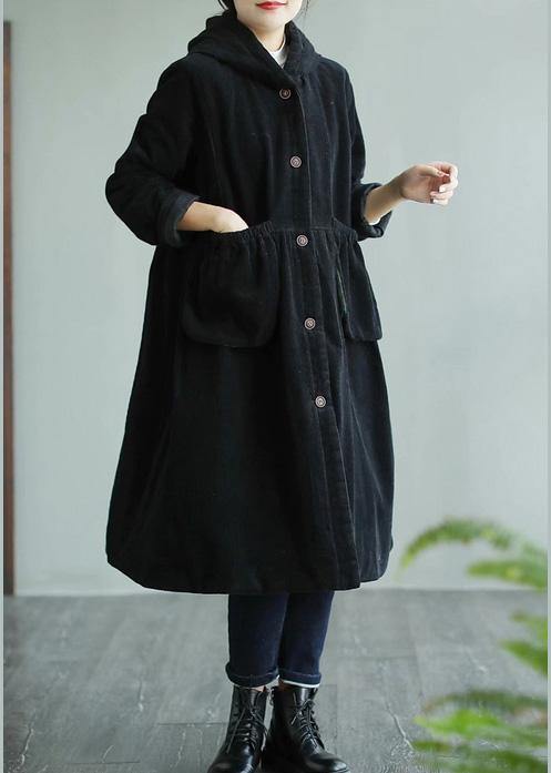 Classy Black Fine Maxi Coat Sewing Hooded Pockets Women Coats - SooLinen