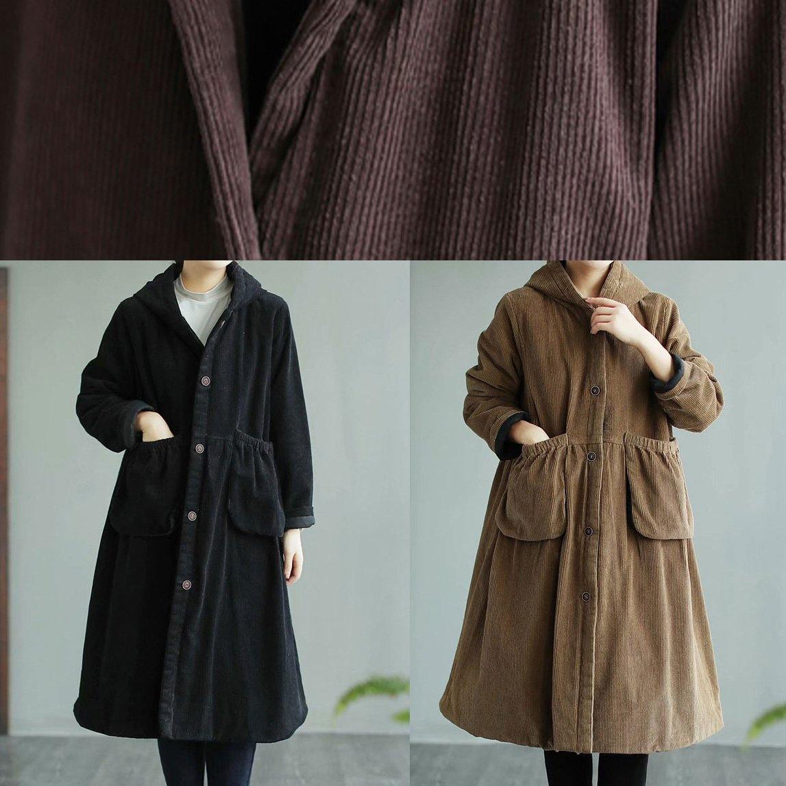 Classy Black Fine Maxi Coat Sewing Hooded Pockets Women Coats - SooLinen