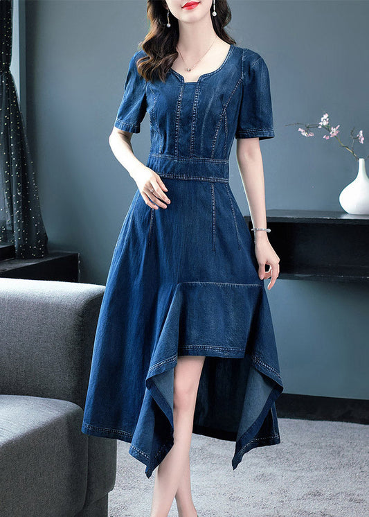 Classy Blue O Neck Asymétrical Patchwork Coton Solid Coton Holiday Denim Maxi Robe courte Sleeve