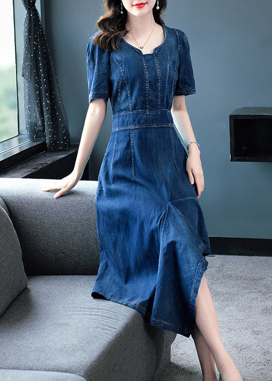 Classy Blue O Neck Asymétrical Patchwork Coton Solid Coton Holiday Denim Maxi Robe courte Sleeve