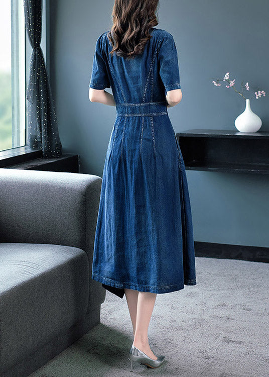 Classy Blue O Neck Asymétrical Patchwork Coton Solid Coton Holiday Denim Maxi Robe courte Sleeve