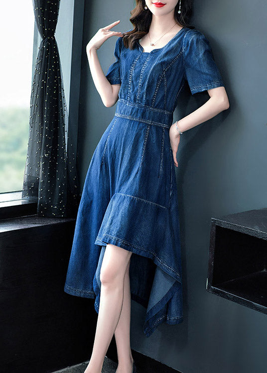 Classy Blue O Neck Asymétrical Patchwork Coton Solid Coton Holiday Denim Maxi Robe courte Sleeve