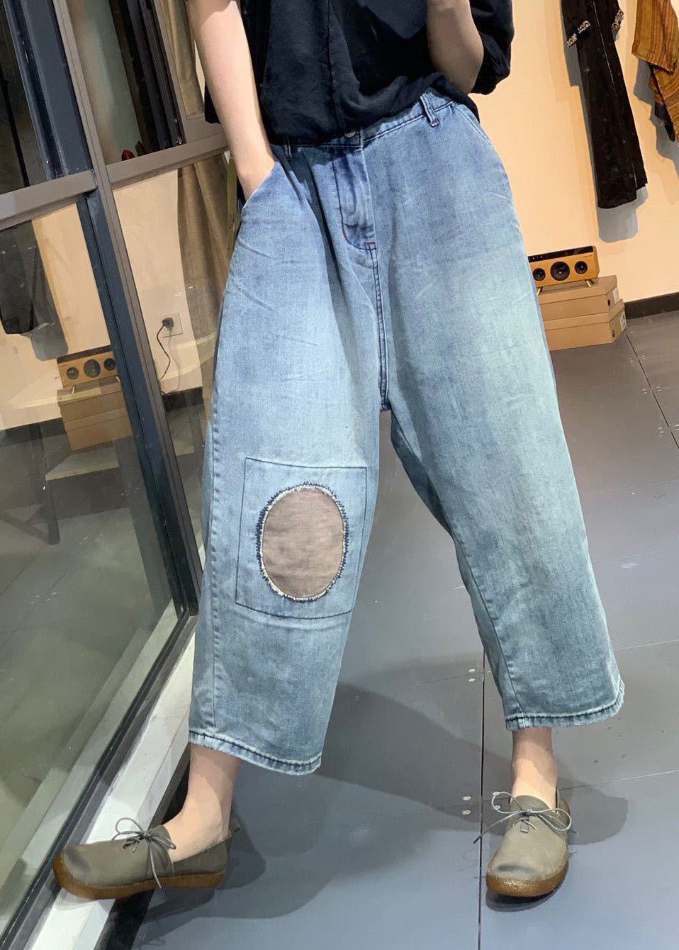 Pantalon de radoue de la taille haute taille de la taille en denim