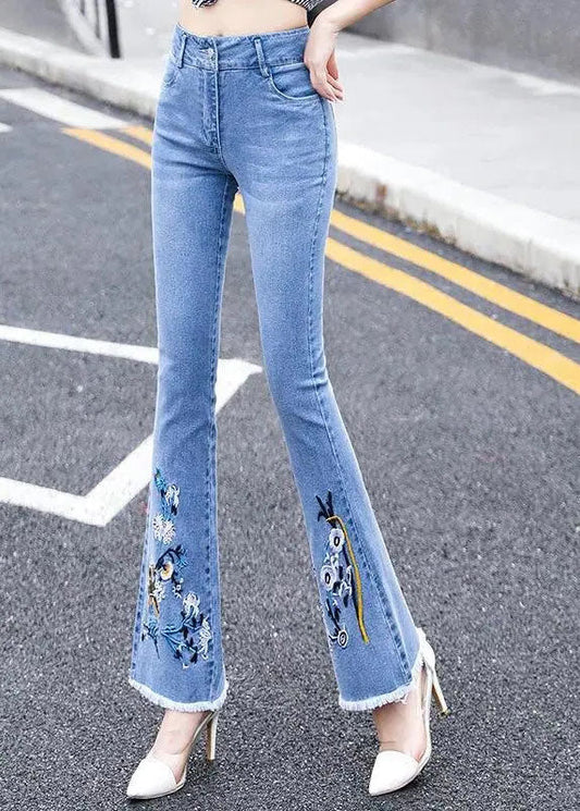 Classy Blue Slim Fit High Waist Embroideried Cotton Denim Flare Pants Summer