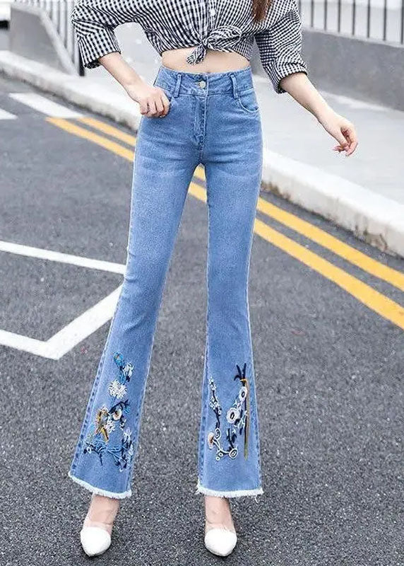 Classy Blue Slim Fit High Waist Embroideried Cotton Denim Flare Pants Summer