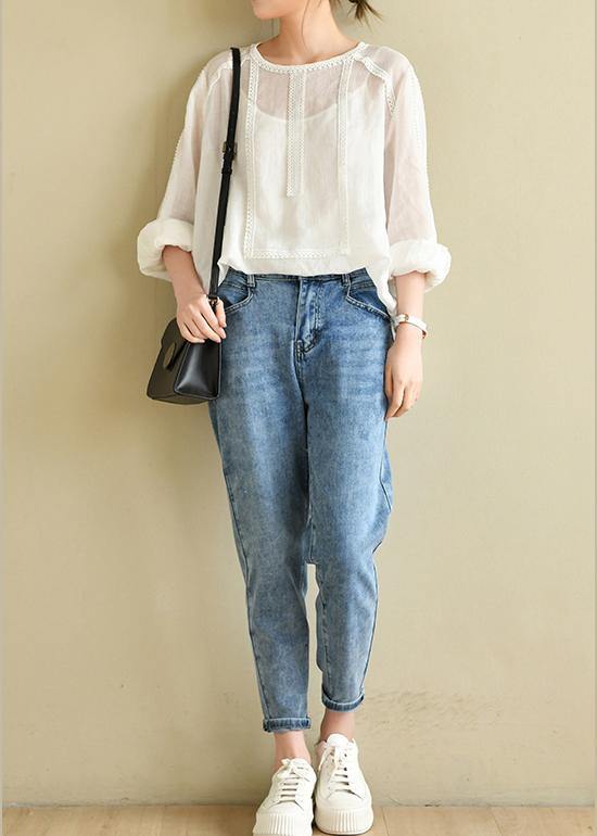 Classy Denim Blue Patchwor Cotton Pants - SooLinen