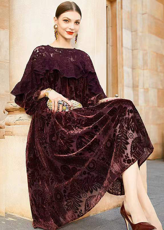 Classy Dern Red Lace Jacquard Patchwork Silk Velor Robes Fall