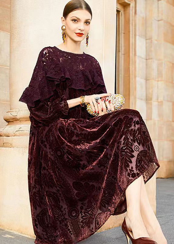 Classy Dern Red Lace Jacquard Patchwork Silk Velor Robes Fall