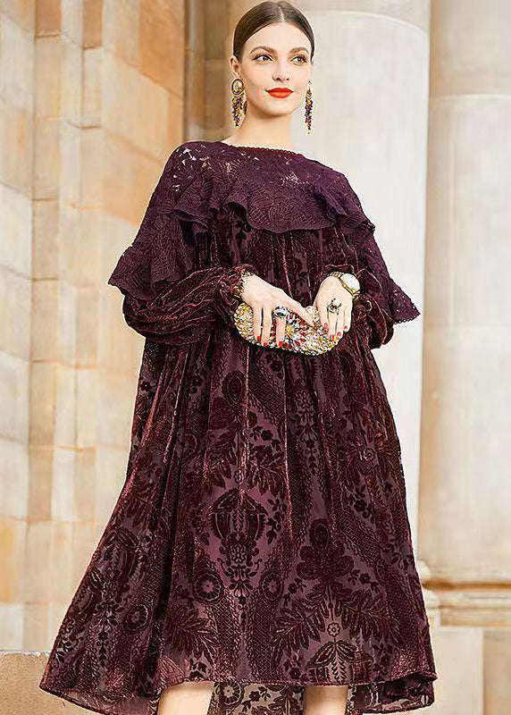 Classy Dern Red Lace Jacquard Patchwork Silk Velor Robes Fall