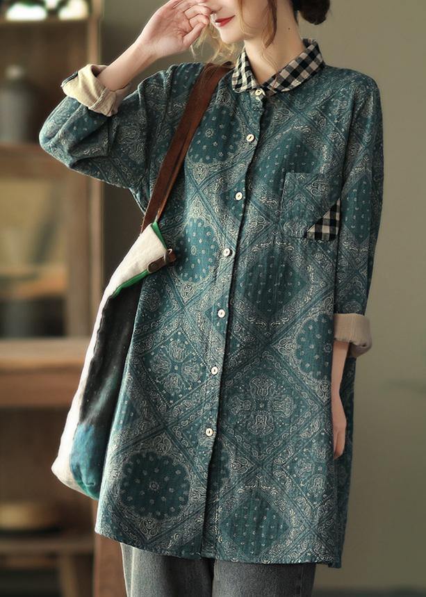 Classy Green Plaid Shirts Women Lapel Pockets Baggy Spring Tops - SooLinen