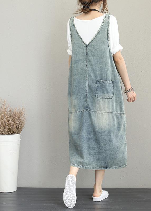 Classy Hole Spaghetti Strap Cotton tunic pattern Catwalk denim Dress - SooLinen