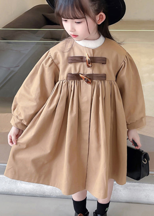 Classy Khaki Wrinkled Button Bow Patchwork Cotton Baby Girls Trench Fall