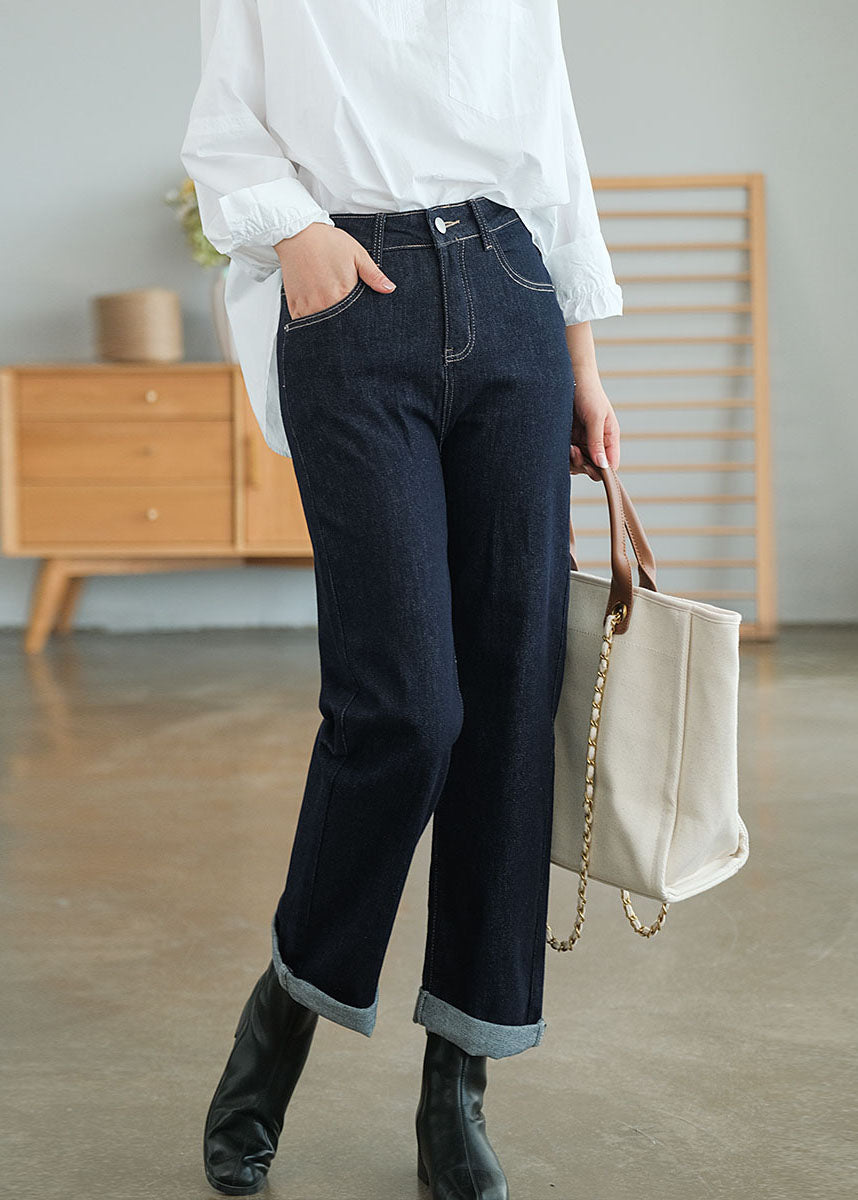 Pantalon de denim en coton de taille haute marine chic