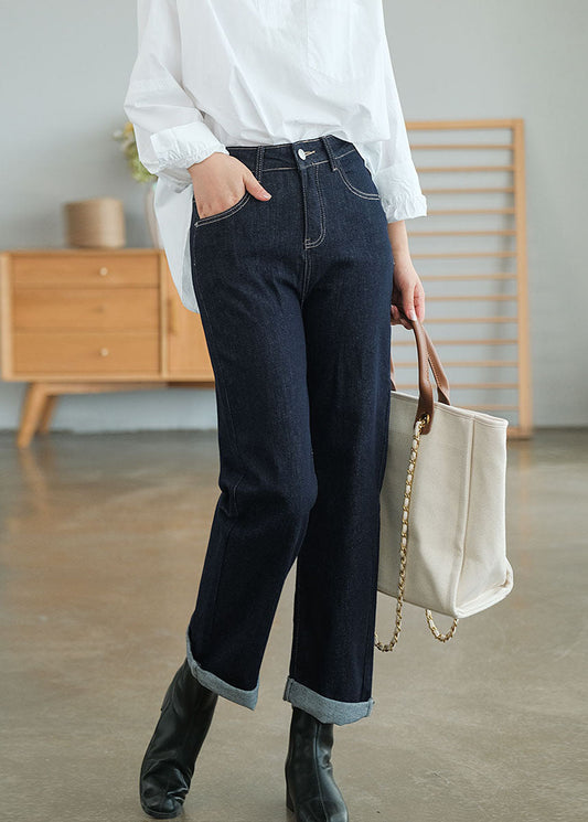 Pantalon de denim en coton de taille haute marine chic